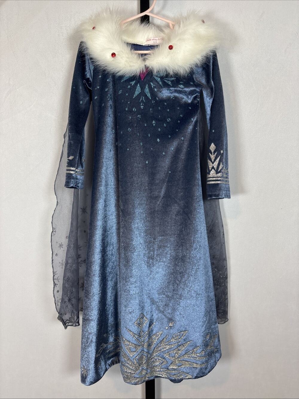 Frozen Elsa Costume Dress Girls 6-7 Blue Velour Fur Collar Halloween Cosplay